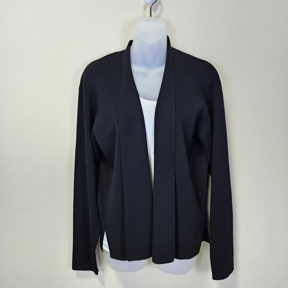 Eileen Fisher 100% Wool Cardigan Sweater Size M Black Open Front Minimal Italian
